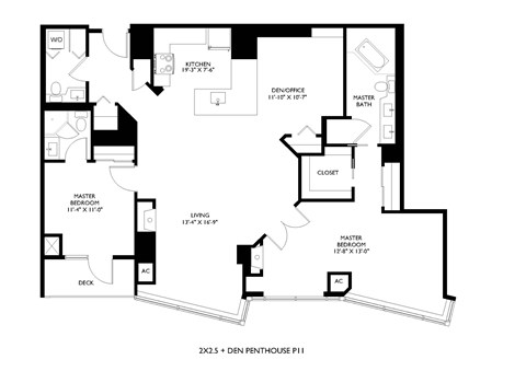 A black and white image of a floor plan for a penthouse.